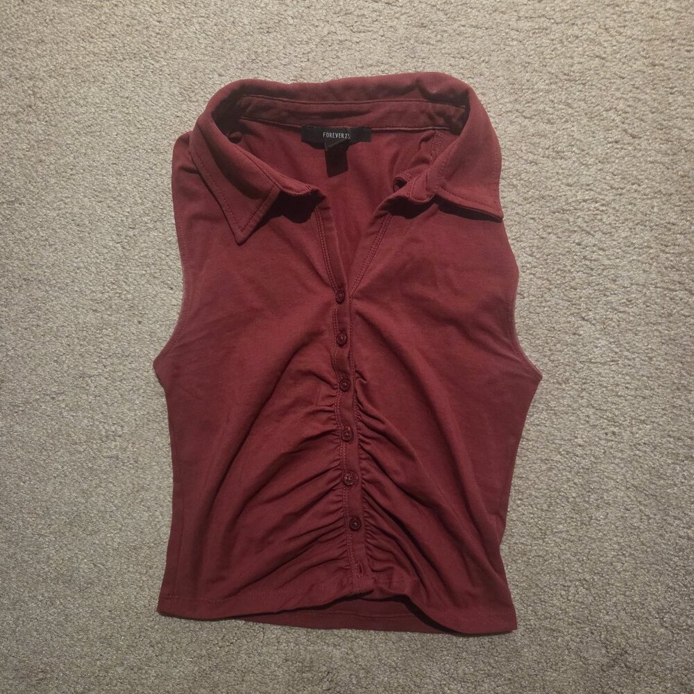 Forever 21 Burgundy Button-Up Collared Sleeveless Ruched Top